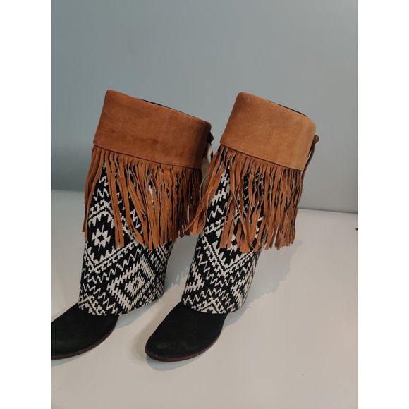 NWT Boot Rugs For Over The Boot Covers Black & White W Tan Suede Leather Fringe - Picture 2 of 14
